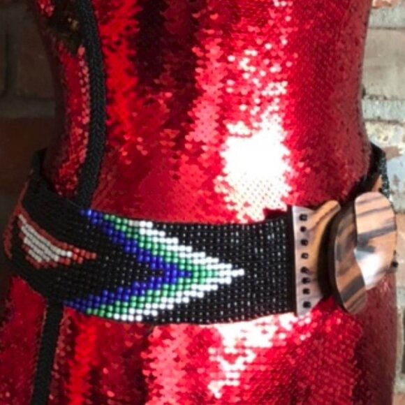 Vintage 80s Hand Beaded Stretch Belt With Wooden Buckle, Wearable Art. - Picture 2 of 4
